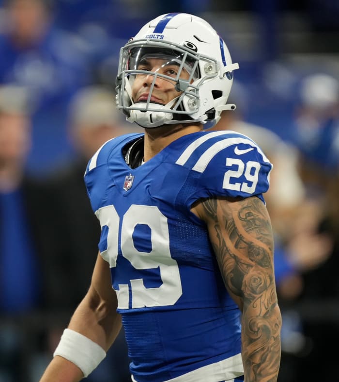Dec 26, 2022; Indianapolis, Indiana, USA; Indianapolis Colts running back Jordan Wilkins (29) warms up before action against the Los Angeles Chargers Monday, Dec. 26, 2022, at Lucas Oil Stadium.